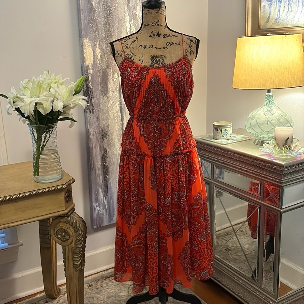 Banana Republic red paisley pleated ruffle midi wedding guest summer sundress 2
